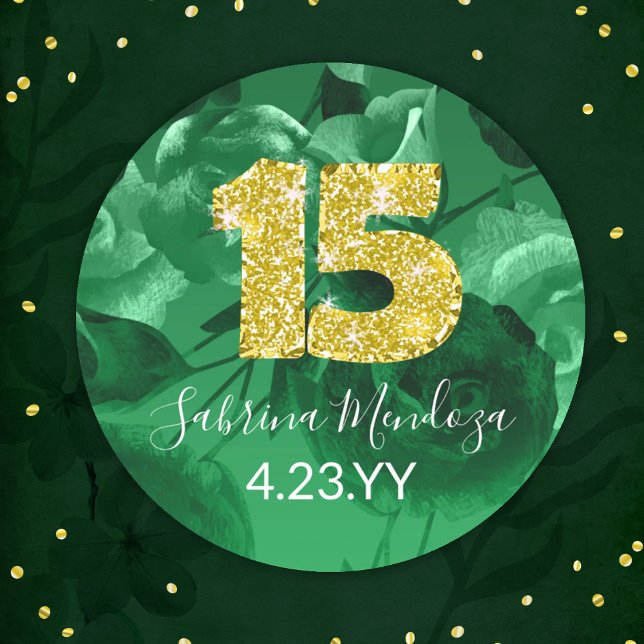 Adesivo Emerald Green Quinceanera Dourada #15 (emerald green quinceanera sticker with gold, glitter number 15, mis quince anos, personalized label)