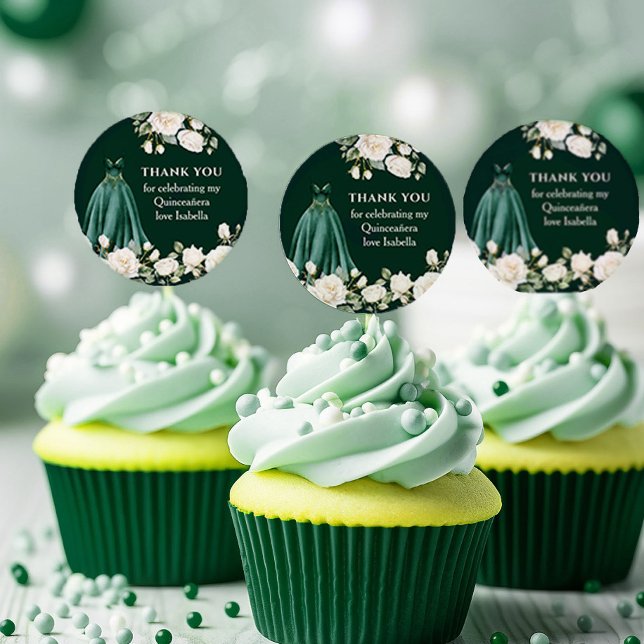 Adesivo Emerald Green Quinceanera Princess Dress Floral (Thank You stickers from the Princess Dress and Roses Quinceanera Collection by Darling & May)