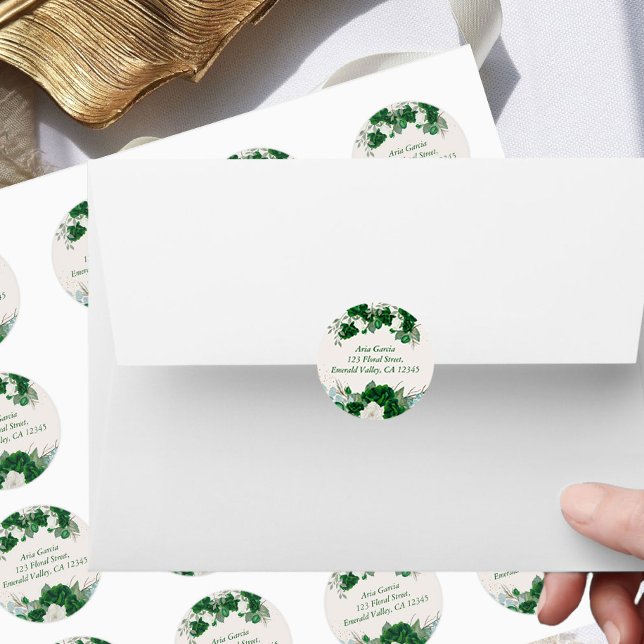 Adesivo Emerald Green Rosa e Eucalytus Name e Address (Address stickers from the Royal Rose Emerald Green Quinceanera Collection by Darling & May)