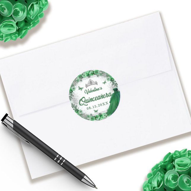 Adesivo Emerald Green Silver Glitter Floral Quinceanera (Emerald Green Silver Glitter Floral Quinceanera Classic Round Sticker)