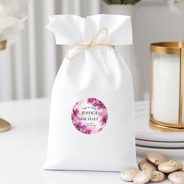 Adesivo Encantamento Profundo da Fúsia roxa: Aquarela (Fuchsia Enchantment: Watercolor Wedding Suite Round Sticker, perfect addition for your Wedding)