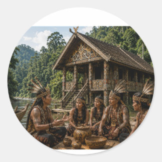 ADESIVO ENCONTRO TRIBAL DAYAK EM UMA LONGHOUSE TRADICIONAL