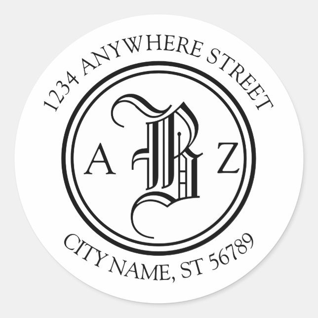 Adesivo Endereço circular do Monograma com Letra Negra Clá (Frente)