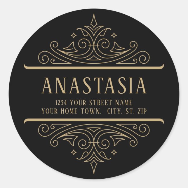 Adesivo Endereço das espirais góticas pretas e Douradas (Frente)