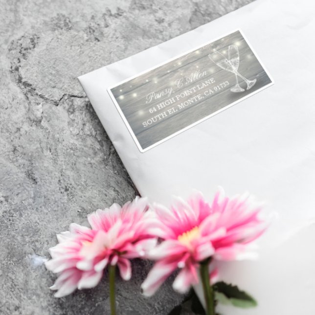 Adesivo Endereço de Casamento Champagne Glass Wood String  (Criador carregado)