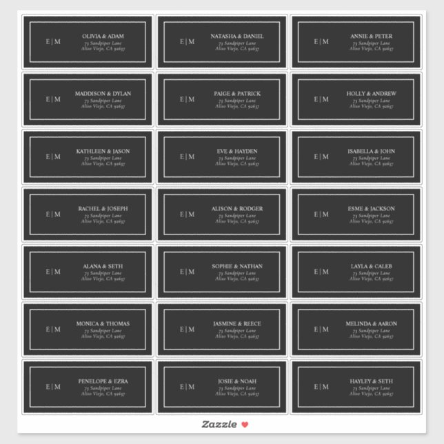 Adesivo Endereço de Convidado do Monograma Branco e Preto  (Folha)