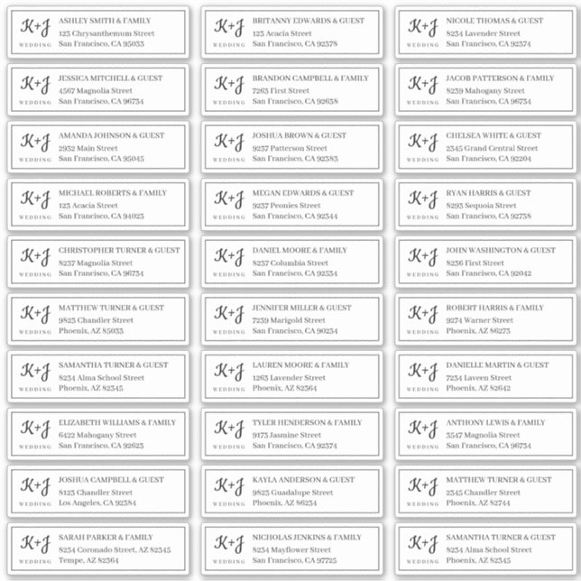 Adesivo Endereço de Convidados de Casamento Moderno + Mono (Frente)