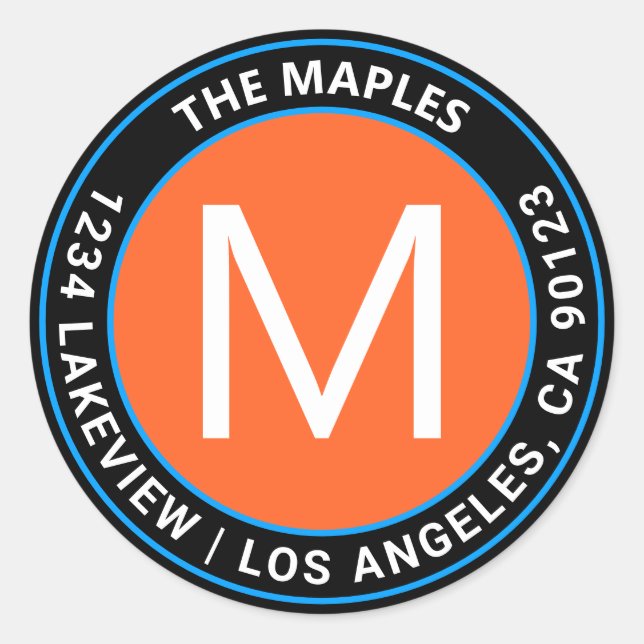 Adesivo Endereço de devolução circular azul-laranja preto- (Frente)