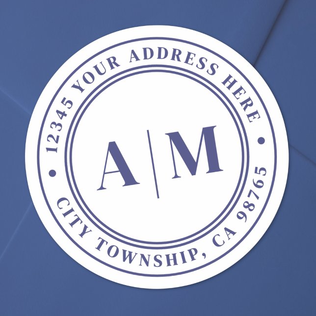 Adesivo Endereço de Devolução com Monograma Azul Marinho (Navy Blue Monogram Return Address Classic Round Sticker )