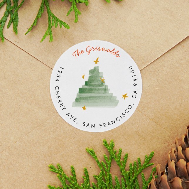 Adesivo Endereço de devolução da árvore natalícia Starlit  (Watercolor starlit Christmas tree return address label round sticker.)