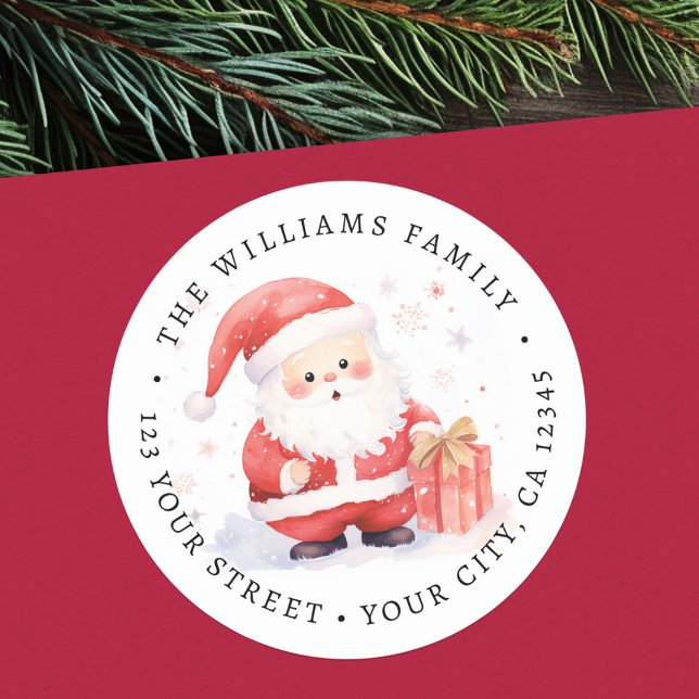 Adesivo Endereço de devolução da ilustração de cor d'água  (Cute Santa watercolor illustration return address Classic Round Sticker)
