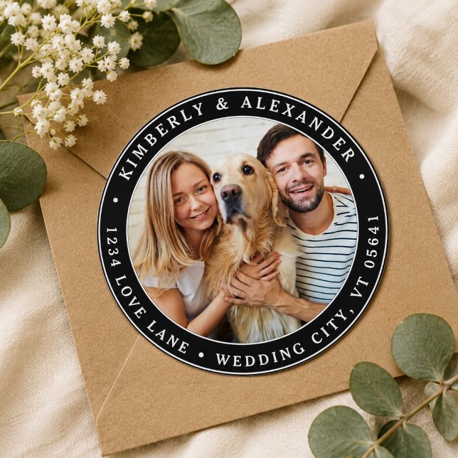 Adesivo  Endereço de Devolução de Casamento Moderno com Fo (Custom Photo Modern Wedding Return Address Classic Round Sticker)