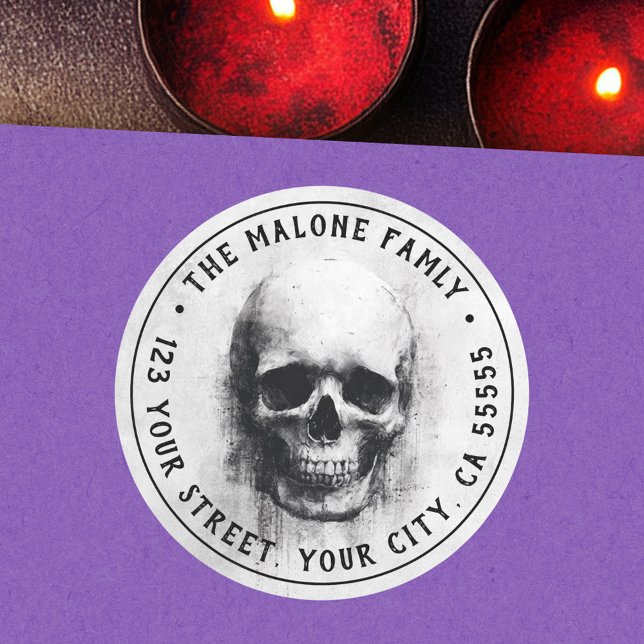 Adesivo Endereço de devolução de Halloween caveira assusta (Creepy skull Halloween return address Classic Round Sticker)