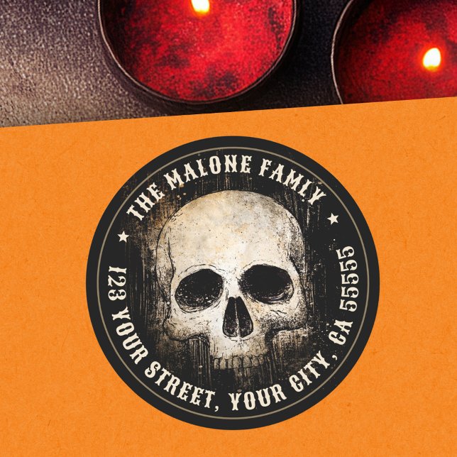 Adesivo Endereço de devolução de Halloween de crânio vinta (Vintage skull Halloween return address Classic Round Sticker)