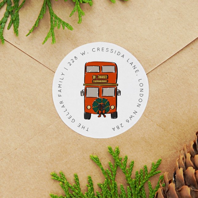 Adesivo Endereço de devolução de Natal do Bus de Decker Du (London Double Decker Bus Christmas Return Address Classic Round Sticker)