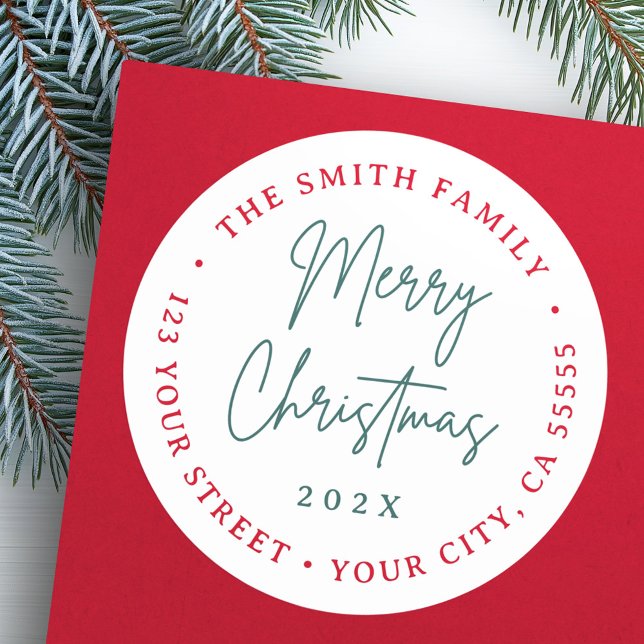 Adesivo Endereço de devolução de script verde vermelho Fel (Merry Christmas red green script return address Classic Round Sticker)