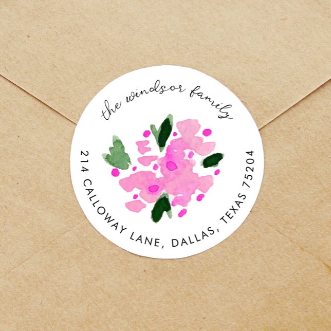 Adesivo Endereço de devolução do Buquê Floral Fuchsia Wate (Fuchsia pink floral bouquet return address label round sticker.)