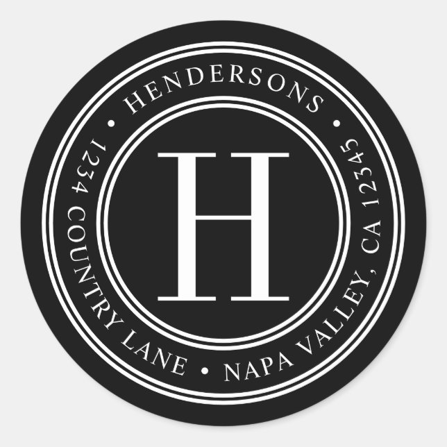 Adesivo Endereço de devolução do monograma elegante preto  (Frente)