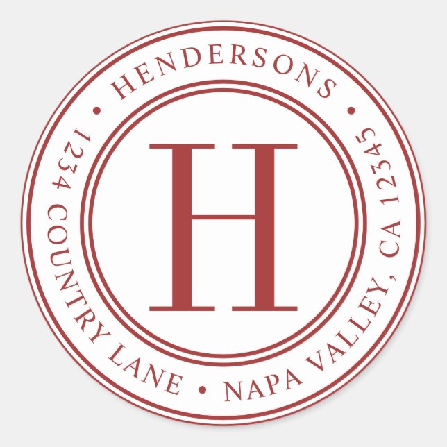 Adesivo Endereço de devolução do Monograma Elegante Vermel (Frente)