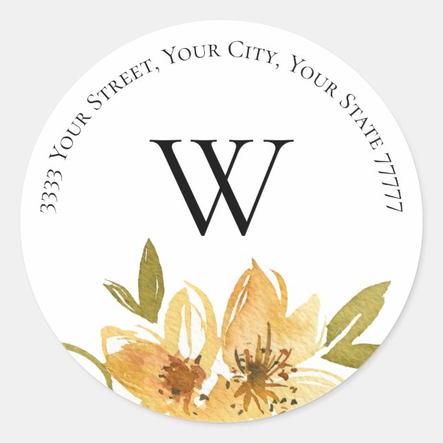 Adesivo Endereço de devolução do monograma floral amarelo  (Frente)