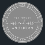 Adesivo Endereço de Devolução Futuro Sr Sra Futuro Cinza E<br><div class="desc">Adesivo redondo clássico de endereço de devolução de casamento moderno e simples com o texto o futuro Sr e Sra em escrita elegante em preto em um fundo cinza escuro. Basta adicionar seu nome e endereço. Exclusivamente projetado para você pelo Happy Dolphin Studio. Se precisar de ajuda ou produtos correspondentes,...</div>