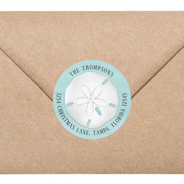 Adesivo Endereço de devolução simples Dólar de areia turqu (Simple beach tropical sand dollar return address circle sticker labels. )