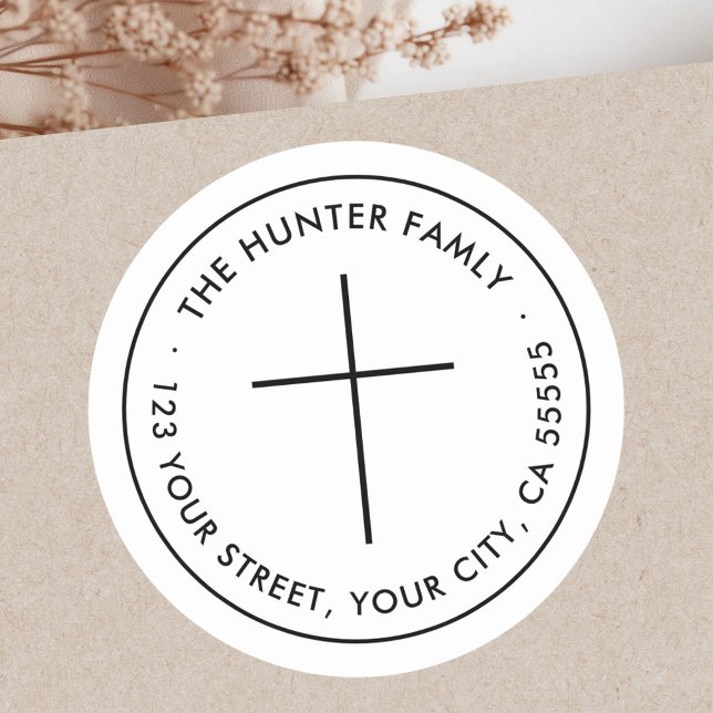 Adesivo Endereço de retorno branco mínimo cristão cruzado (Minimalist Christian cross white return address Classic Round Sticker)