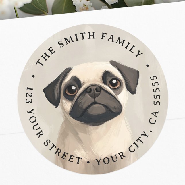 Adesivo Endereço de retorno da ilustração de pug de corte (Cute pug illustration return address classic round sticker)