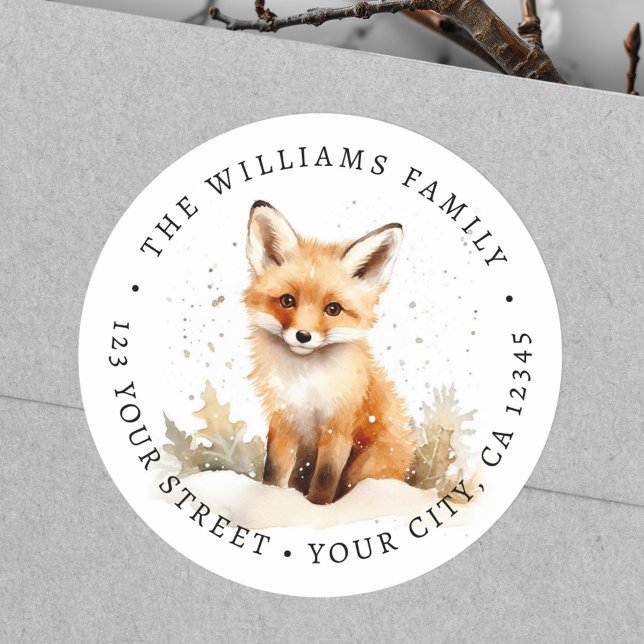 Adesivo Endereço de retorno de cor d'água da raposa cúbica (Cute fox watercolor return address classic round sticker)