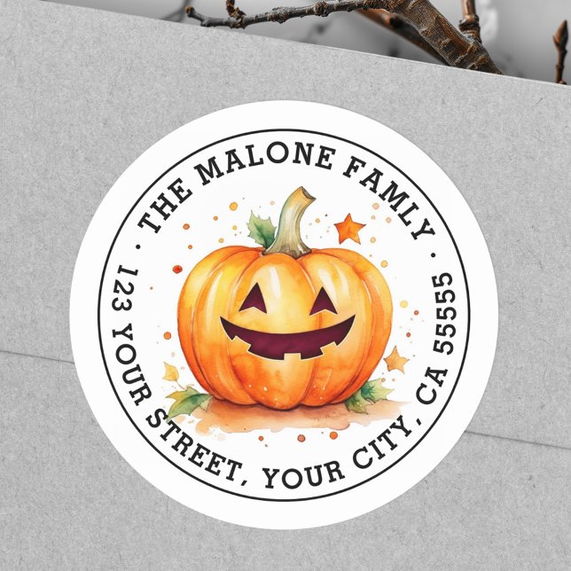 Adesivo Endereço de retorno do Dia das Bruxas de Jack-o-la (Cute Jack-o-lantern Halloween return address Classic Round Sticker)