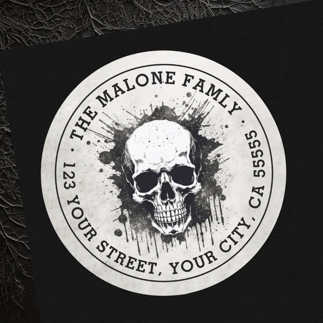 Adesivo Endereço de retorno do Halloween com granulado (Skull grunge Halloween return address Classic Round Sticker)