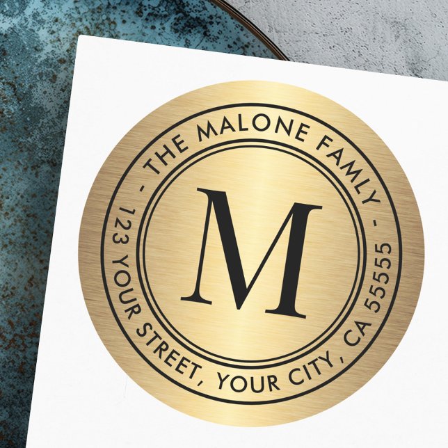 Adesivo Endereço de retorno inicial do gradiente de ouro m (Monogram initial golden gradient return address classic round sticker)
