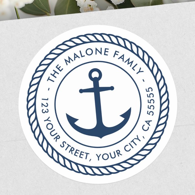 Adesivo Endereço de retorno náutico branco da fronteira da (Anchor rope border nautical white return address classic round sticker)