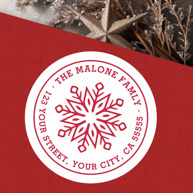 Adesivo Endereço de retorno vermelho mínimo moderno do flo (Modern minimal snowflake red return address classic round sticker)