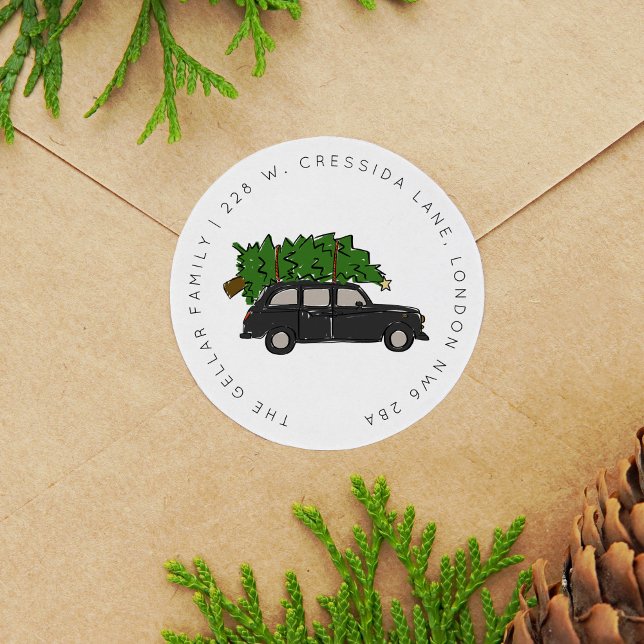 Adesivo Endereço de Taxi da Árvore de Natal do Caranguejo  (London Black Cab Christmas Tree Taxi Address Classic Round Sticker)