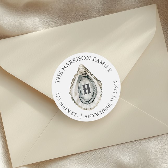 Adesivo Endereço do Monograma de Ostra Costeira de Aquarel (Criador carregado)