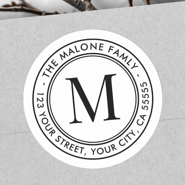 Adesivo Endereço inicial mínimo de retorno branco do monog (Monogram initial minimal white return address classic round sticker)