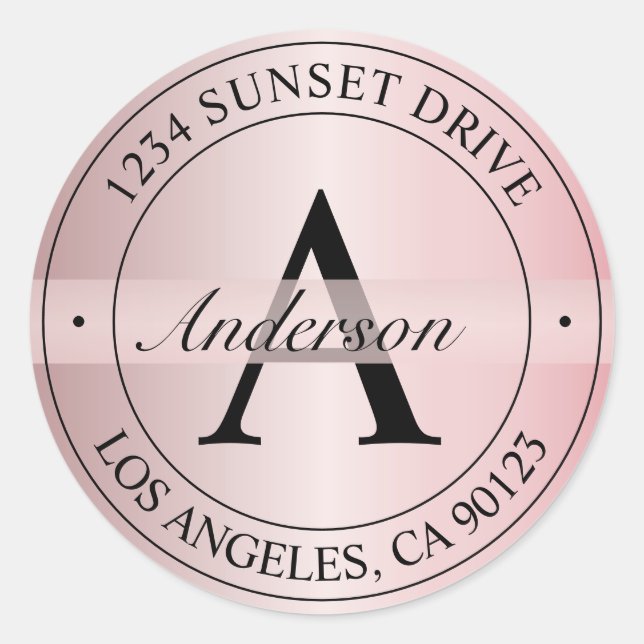 Adesivo Endereço preto e Rosa de Faux monogramado elegante (Frente)