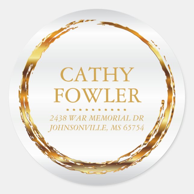 Adesivo Endereço redondo Rótulos Dourados e Brancos (Frente)