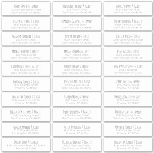 Adesivo Endereço Simples de Nomes de Convidado de Casament (Frente)