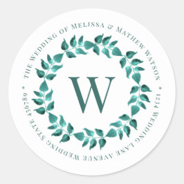 Adesivo Endereço Teal Monograma Wreath Envelope Seal