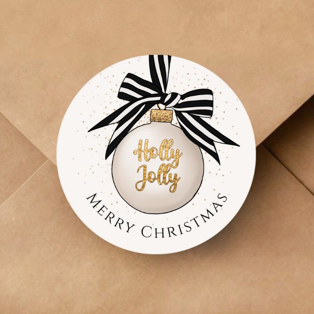 Adesivo Enfeite de Natal Branco Preto Alegre (Merry Christmas Bauble White Black Classic Round Sticker)