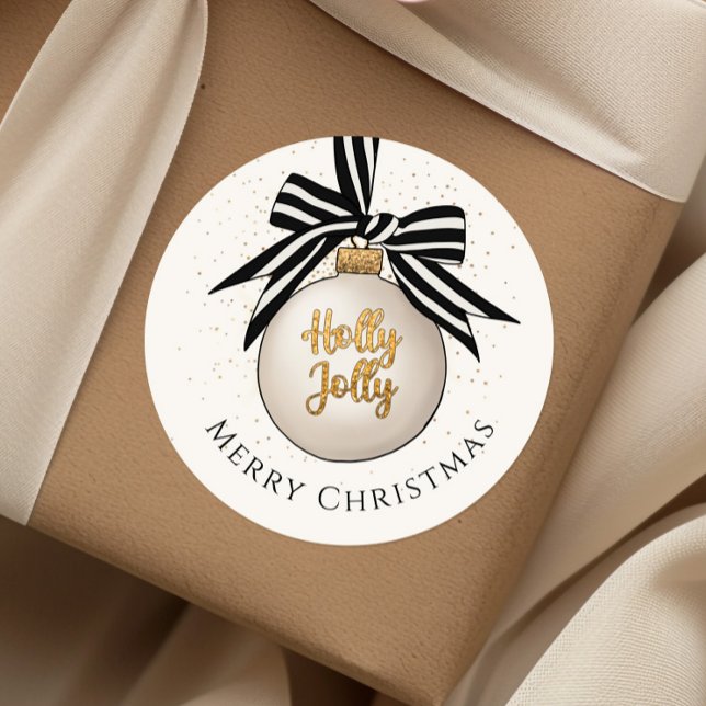Adesivo Enfeite de Natal Elegante e Alegre  (Merry Christmas Bauble White Black Classic Round Sticker)