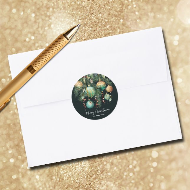 Adesivo Enfeites de Natal Árvore de Natal (Gold and green Christmas tree ornaments round envelope seal stickers)