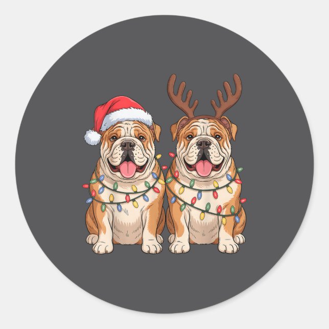 Adesivo English Bulldog Christmas Santa Hat Reindeer Light (Frente)