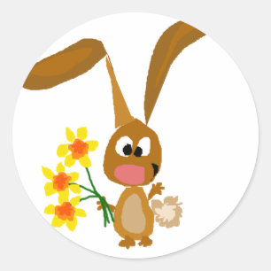 Adesivo Engraçado Artsy Bunny Rabbit Segurando Flores Daff