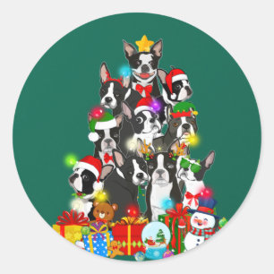 Adesivo Engraçado Boston Terrier Christmas Tree Lights Pup