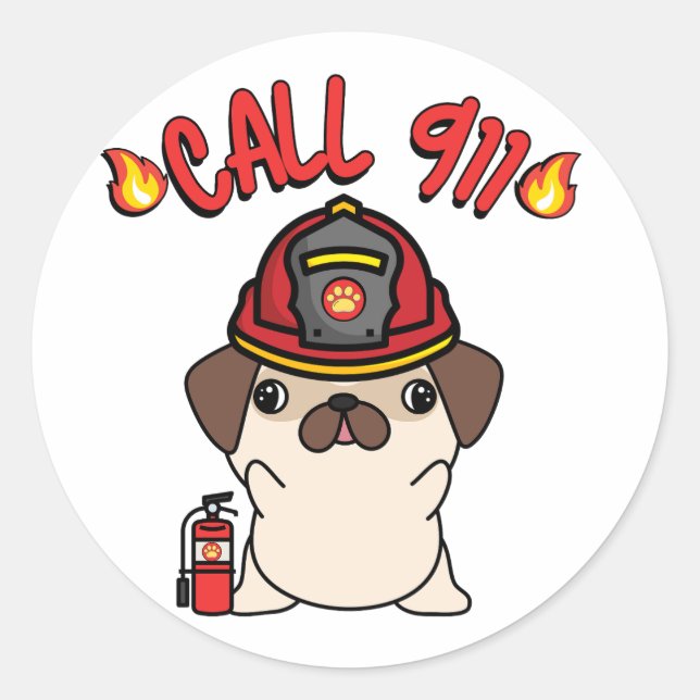 Adesivo Engraçado cão Pug é bombeiro (Frente)