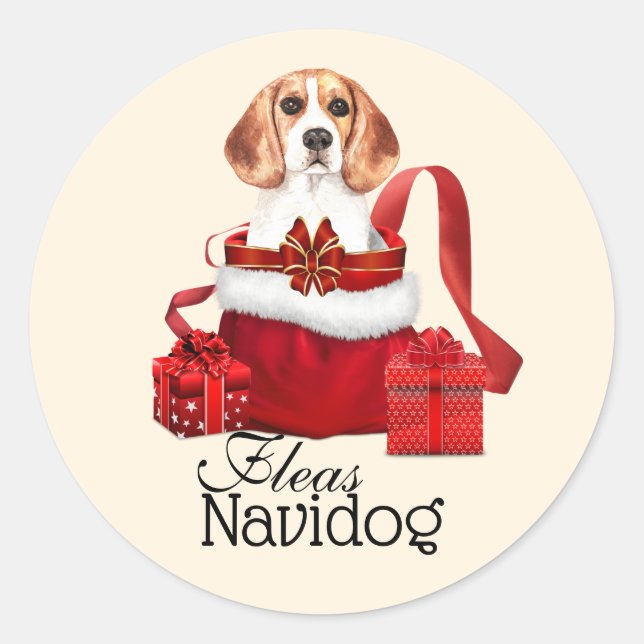 Adesivo Engraçado fantoche de Natal, cão-beagá voa navidog (Frente)