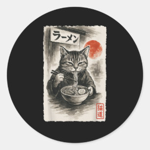 Adesivo Engraçado Gato Comendo Ramen Noodles Sumi-e Japonê
